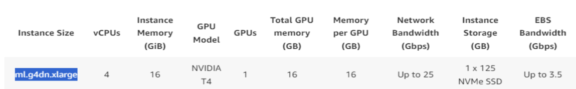 Amazon EC2 ml.g4dn.xlarge instance specs